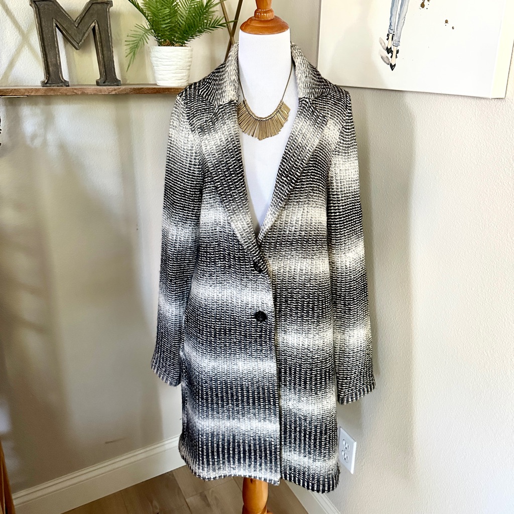 Lucky Stripe Sweater Coat Shacket Blazer Long Pockets Black Stripe Knit Wool